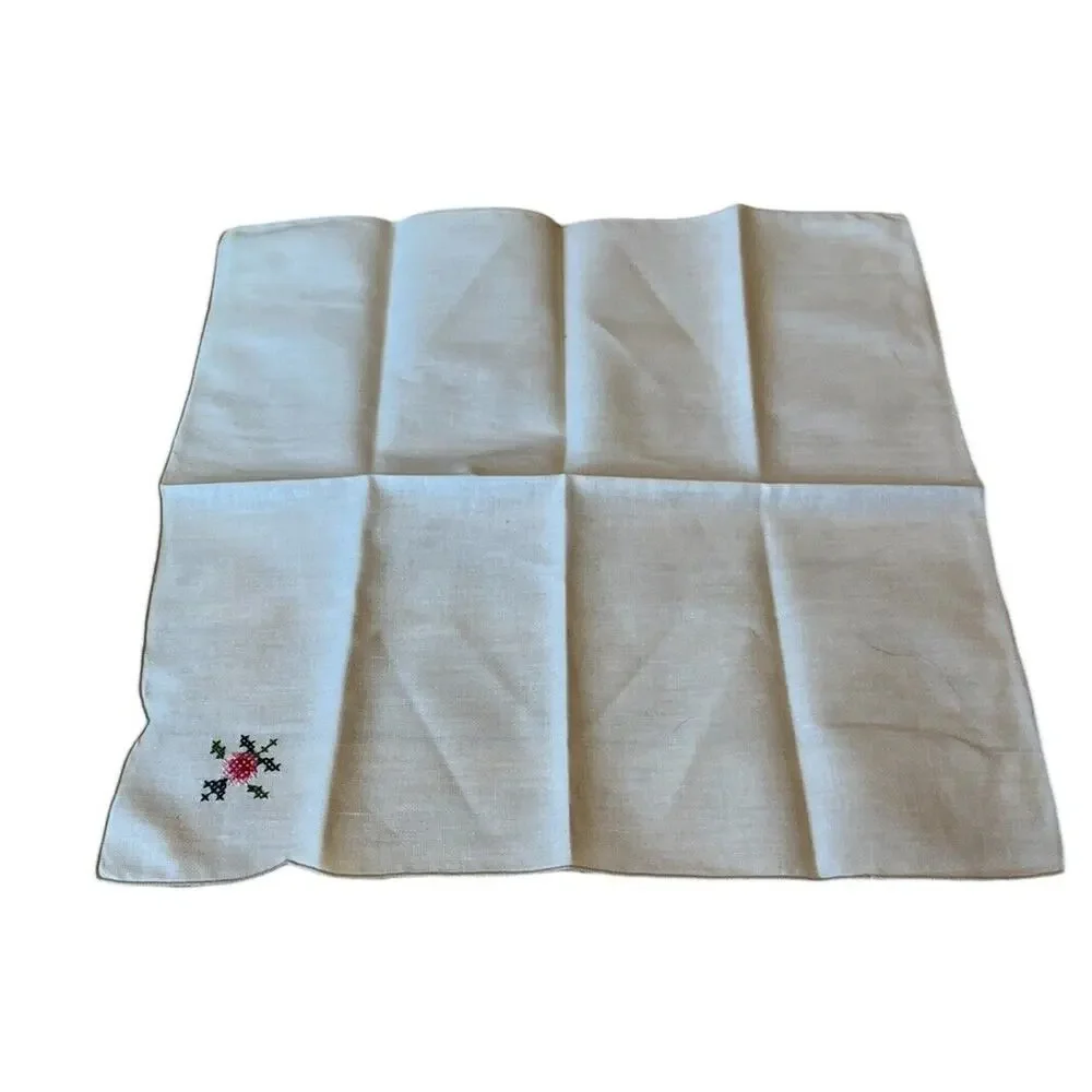 8 VTG Linen Cotton Napkins Embroidered with Pink Flowers Cross Stitch 16 X 16”